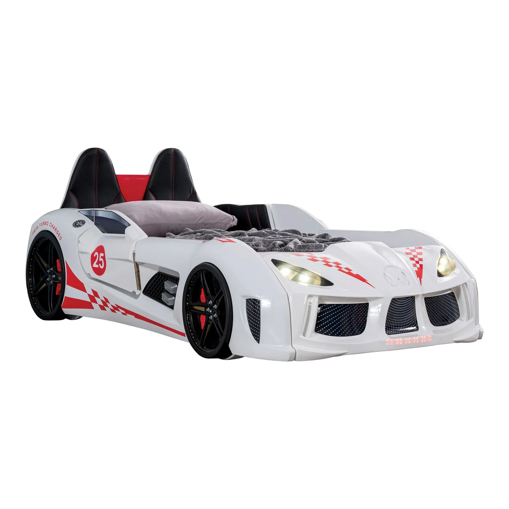 Nouveauté 2026 – Lit double en plastique pour enfants Dash Kids, motif voiture de course, avec LED et son, blanc, Furniture of America
