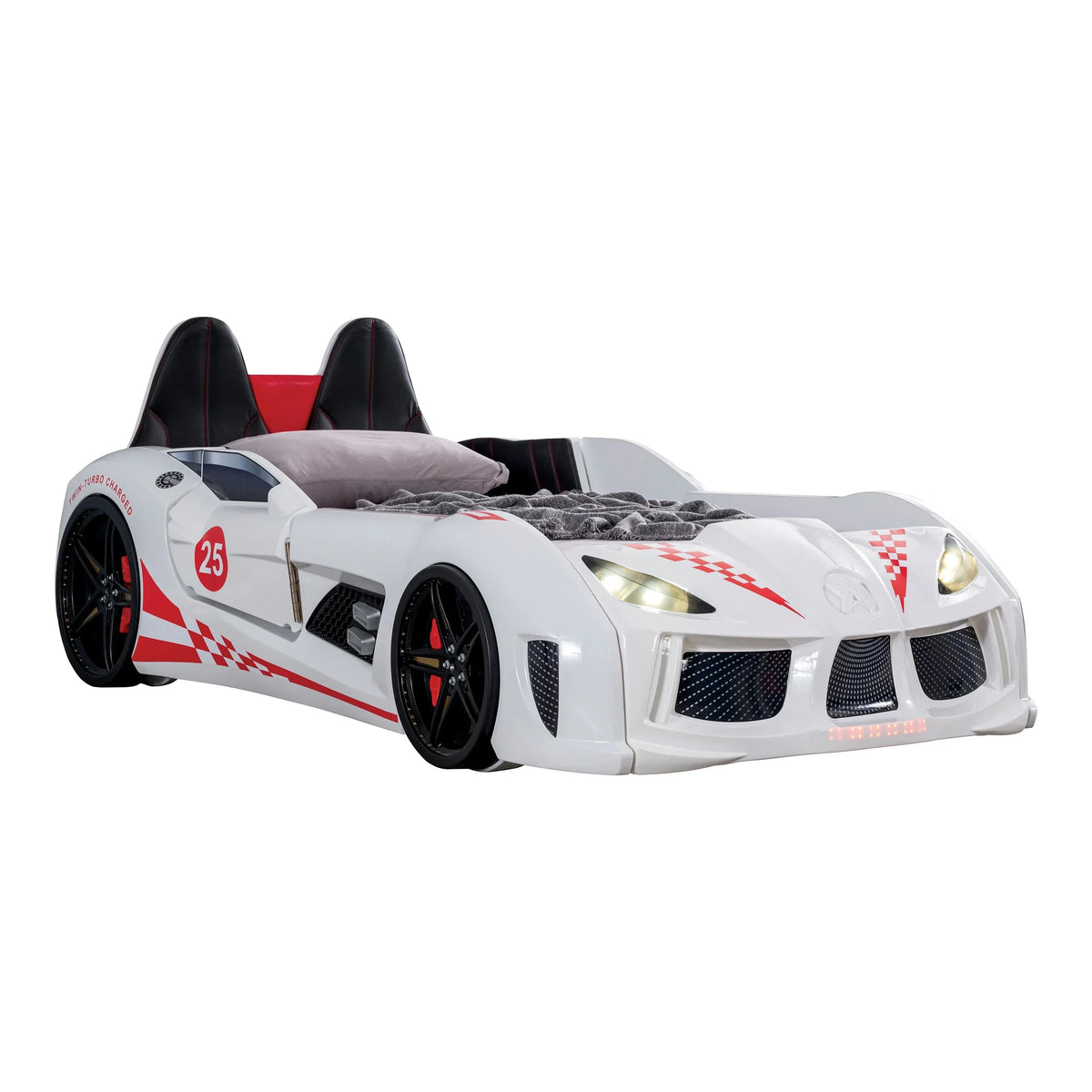 Nouveauté 2026 – Lit double en plastique pour enfants Dash Kids, motif voiture de course, avec LED et son, blanc, Furniture of America