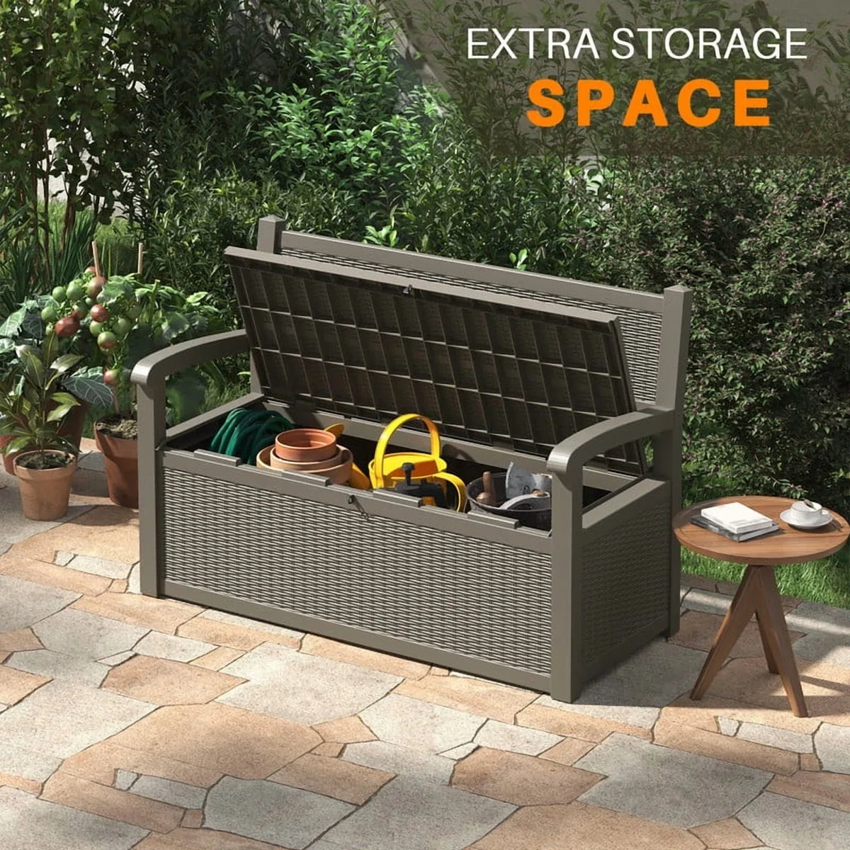 Nouveauté 2026 – Coffre de rangement Bifanuo de 70 gallons avec banc et accoudoirs, résistant à l'eau, idéal pour le mobilier de patio, les outils de jardin, le rangement de piscine et les coussins d'extérieur. Couleur : gris