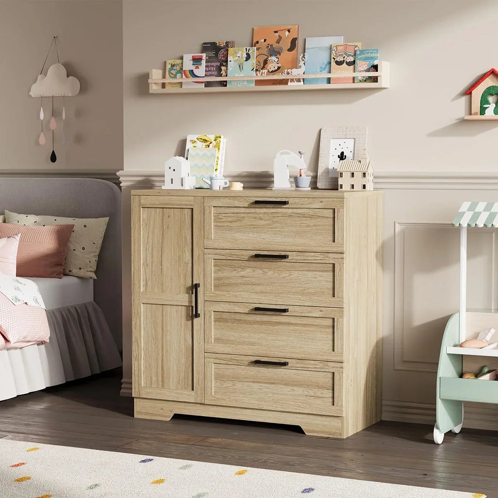 Nouveauté 2026 – Armoire-penderie en bois Ataucjin avec 4 tiroirs et une porte, hauteur 110 cm (43,3 po), avec tringle, rangement pour vêtements, commode à 4 tiroirs avec placard de rangement