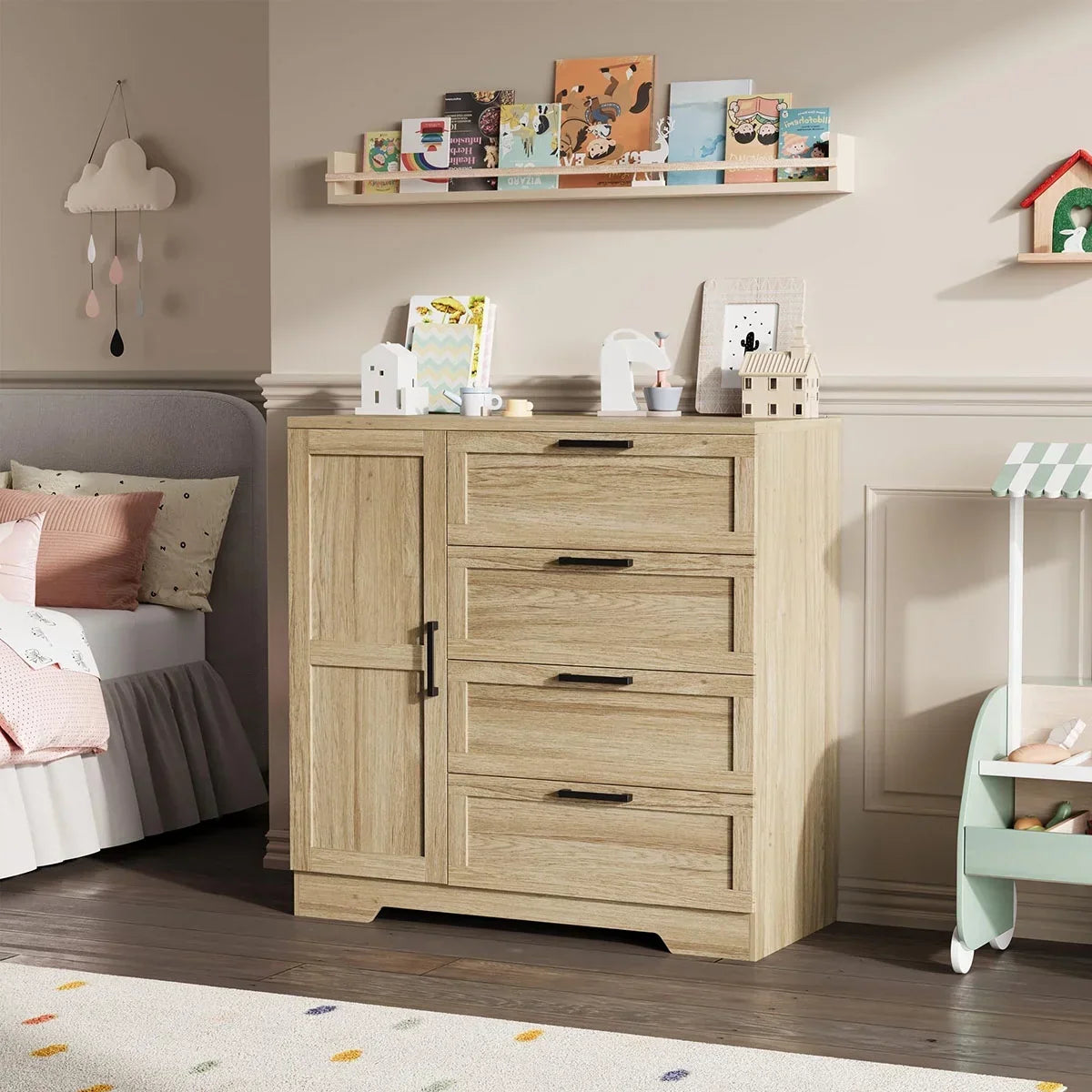 Nouveauté 2026 – Armoire-penderie en bois Ataucjin avec 4 tiroirs et une porte, hauteur 110 cm (43,3 po), avec tringle, rangement pour vêtements, commode à 4 tiroirs avec placard de rangement