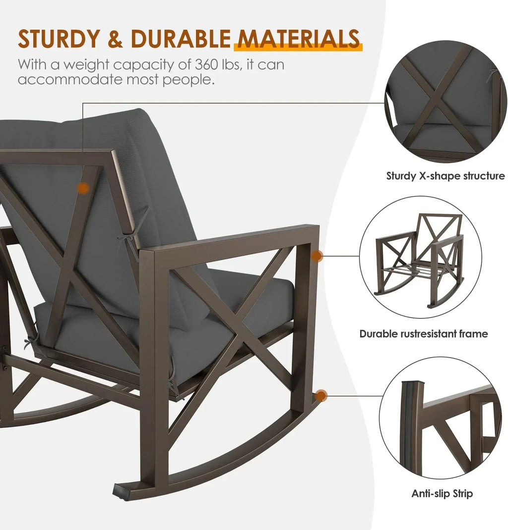 Nouveauté 2026 – Ensemble bistro MRUAKA , 3 pièces, comprenant 2 fauteuils à bascule et 1 table basse en métal avec coussins épais, idéal pour véranda, jardin ou bord de piscine, couleur beige
