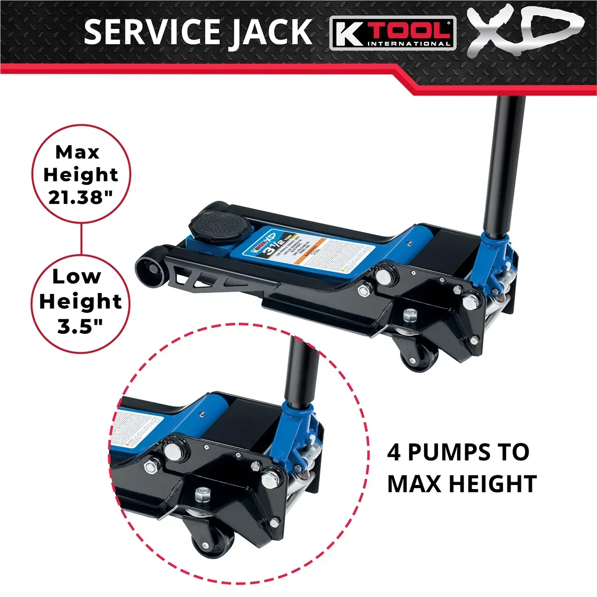 Nouveauté 2026 – Cric de service extra-plat K-Tool INT022 de 3,5 tonnes ; piston à double pompe