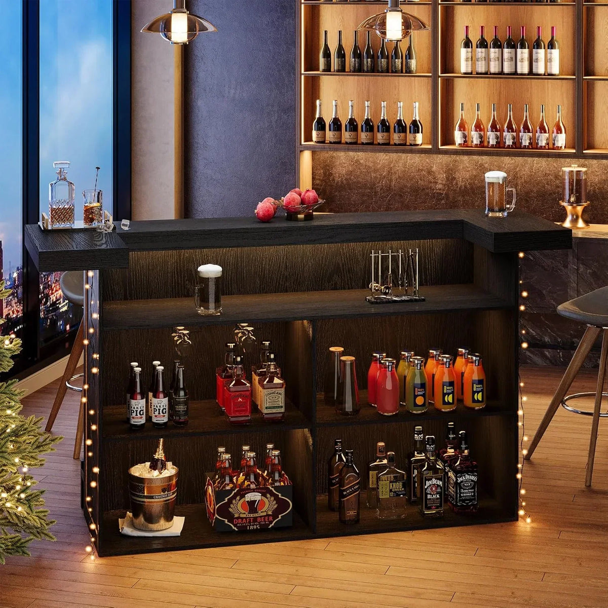 Nouveauté 2026 – Table de bar à 4 niveaux Tribesigns , grand meuble bar de 180 cm avec porte-verres à vin et repose-pieds noir, pour cuisine, salle à manger, salon, pub, marron rustique