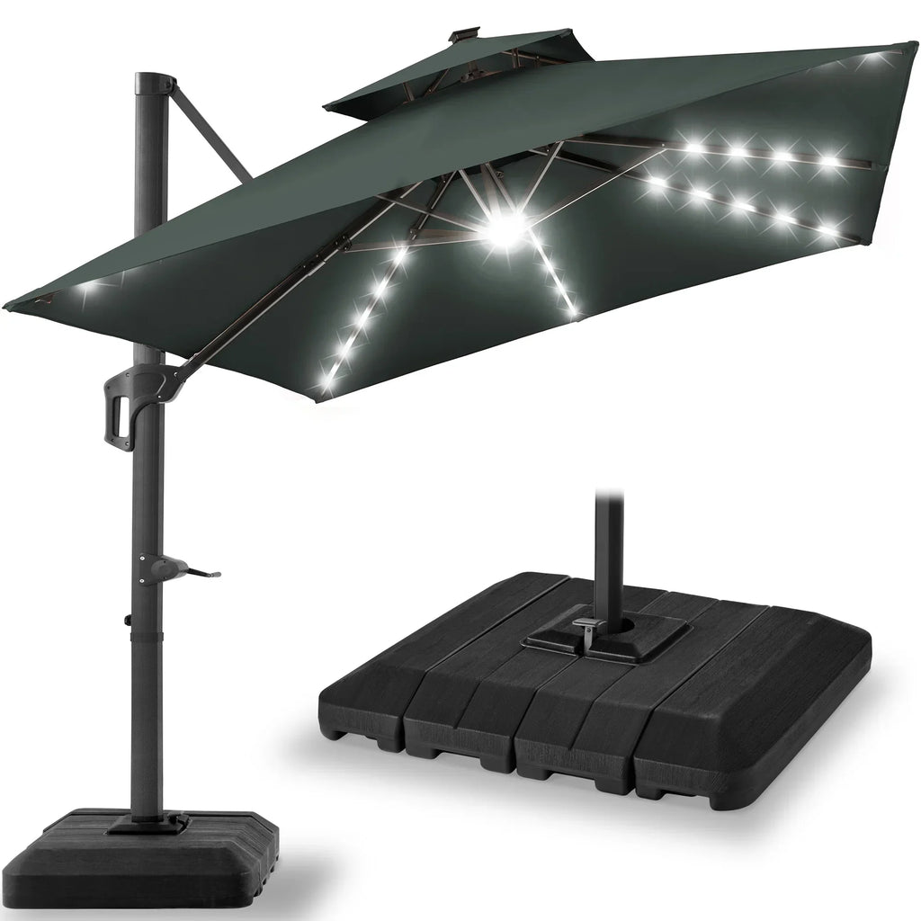 Nouveauté 2026 – Parasol de terrasse carré déporté à deux niveaux, 3 x 3 m, à éclairage solaire LED, avec base incluse (Best Choice Products, ) - Beige