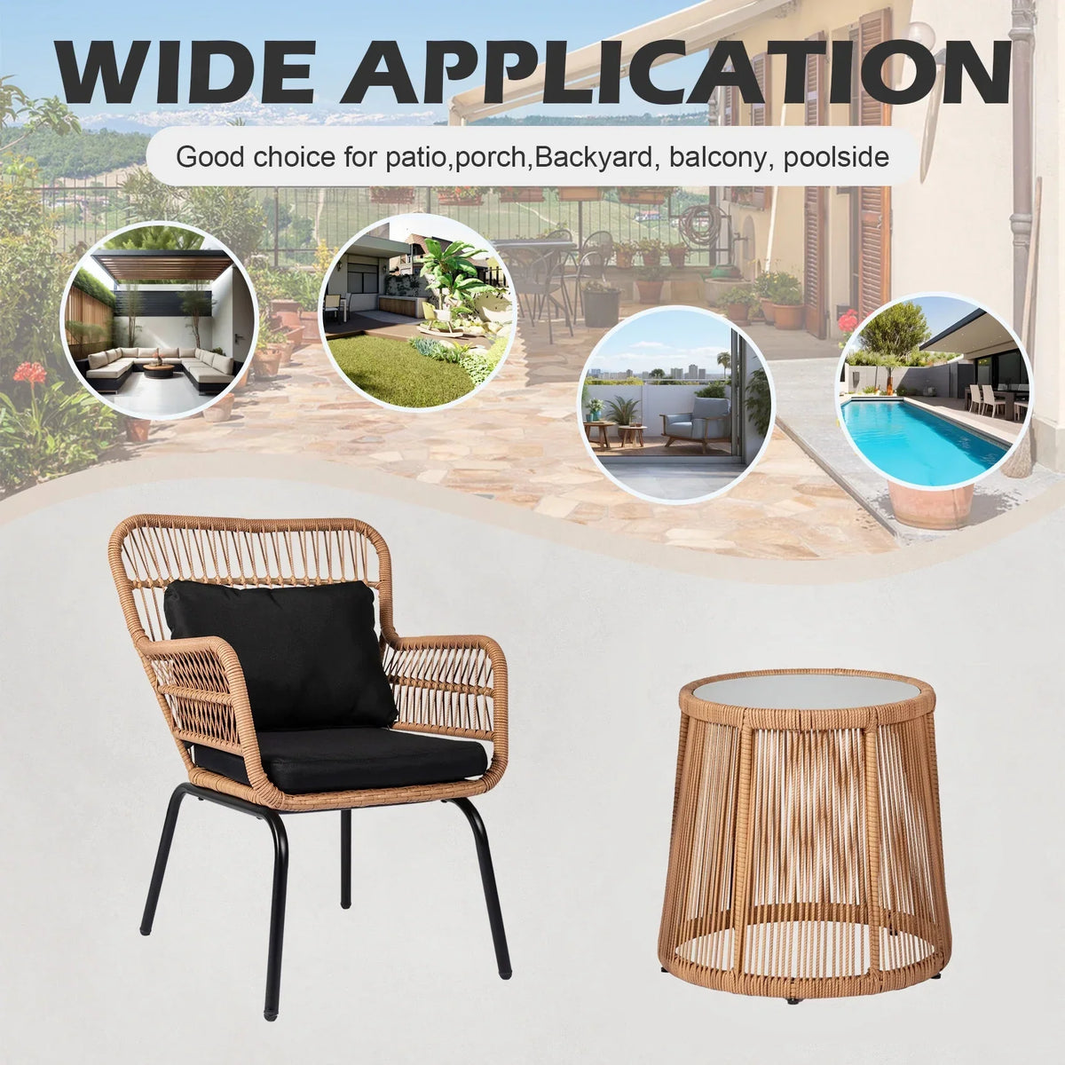 Nouveauté 2026 – Ensemble bistro de conversation 3 pièces Tappio pour patio, mobilier de jardin en rotin, table basse en verre et coussins, jaune/beige, idéal pour le jardin, le balcon, la terrasse ou la piscine