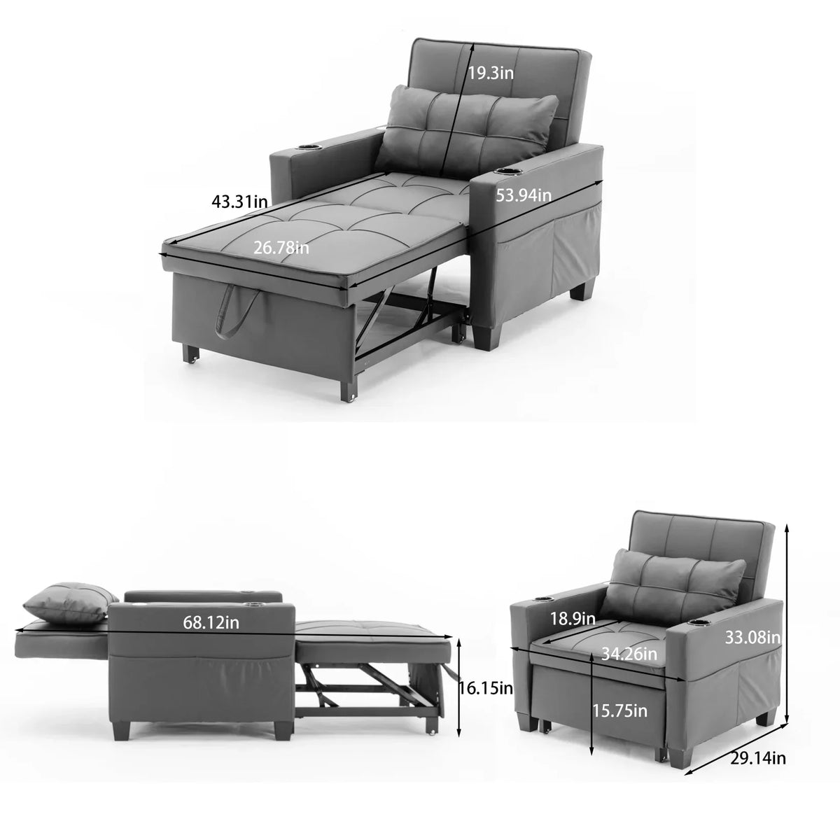 Nouveauté 2026 – Canapé-lit futon convertible , fauteuil-lit multifonctionnel 3 en 1 avec ports USB, dossier inclinable réglable, idéal pour les petits espaces (salon, chambre), revêtement en tissu technique, gris foncé