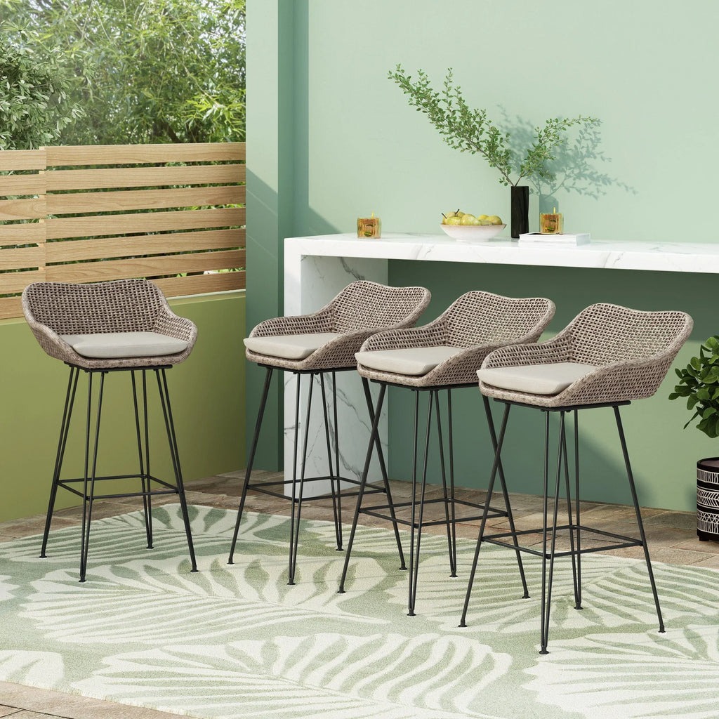 Nouveauté 2026 – Tabourets de bar d'extérieur Verano en résine tressée et métal avec coussin, lot de 4, coloris marron et beige