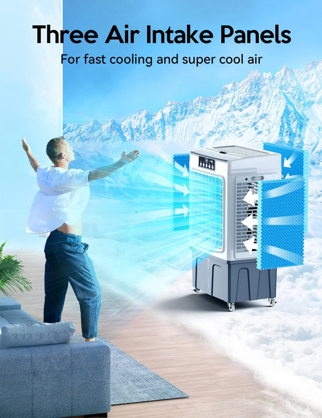 Nouveauté 2026 – Refroidisseur évaporatif E , 2100 CFM, refroidisseur d'air à oscillation de 120 pouces avec télécommande, minuterie 24 h, 3 vitesses de ventilation pour une utilisation intérieure et extérieure, 7,9 gallons