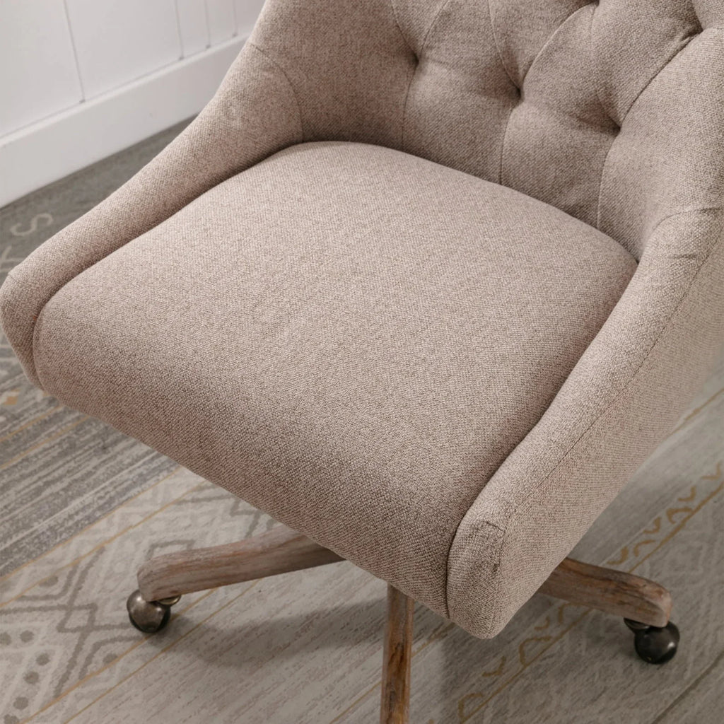 Nouveauté 2026 – Chaise de bureau pivotante à 360° , chaise de coiffeuse rembourrée avec base en bois massif et roulettes, hauteur réglable, idéale pour la chambre ou le salon, marron