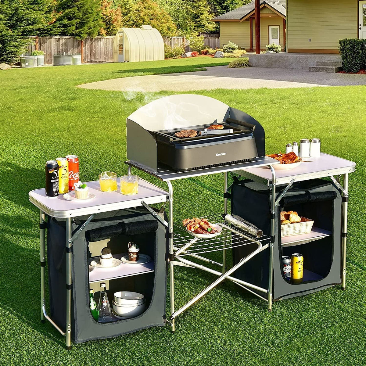 Nouveauté 2026 – Table de cuisine de camping Camping avec rangement, table de cuisson extérieure portable en aluminium avec pare-vent, table de camping pliable pour barbecue, grillades, fêtes et pique-niques