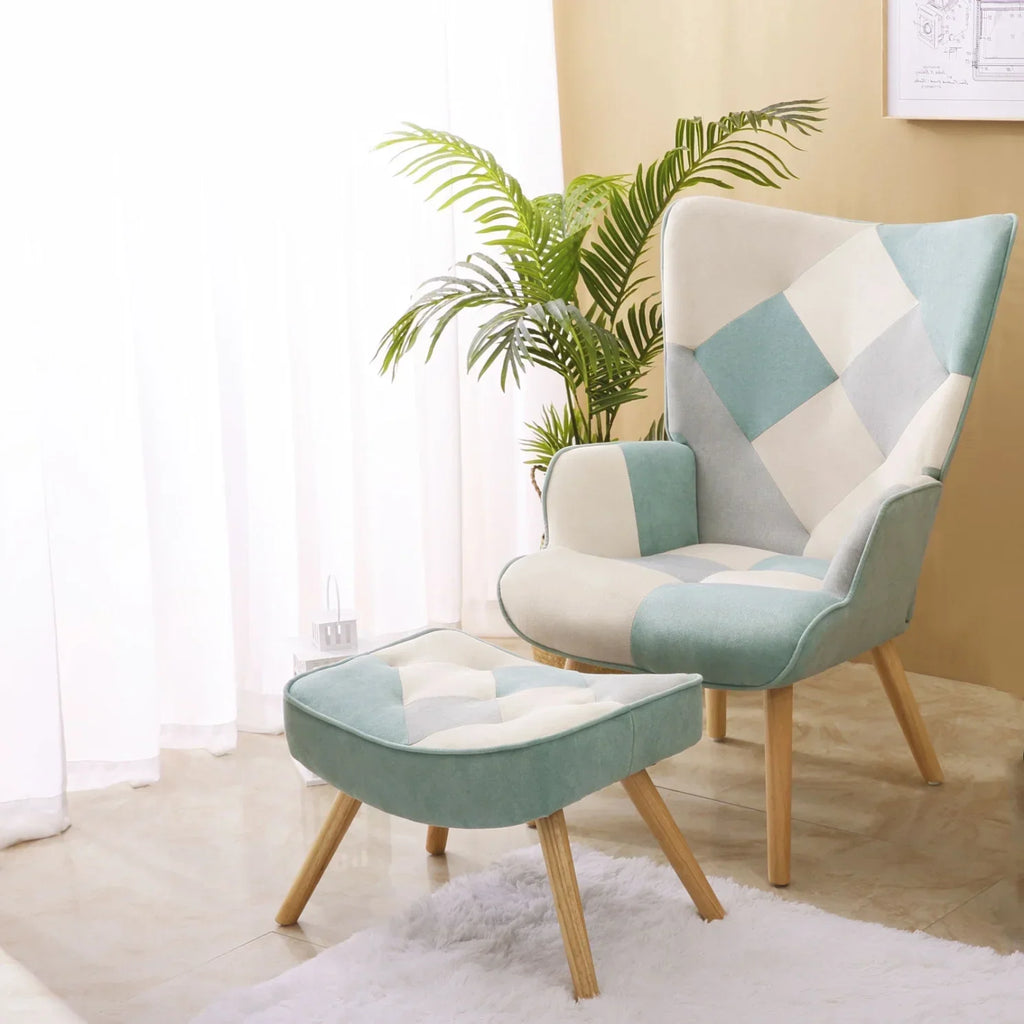 Nouveauté 2026 – Fauteuil d'appoint moderne avec pieds en bois massif et dossier haut à oreilles, ensemble de fauteuil avec repose-pieds, fauteuil confortable pour salon, salle de lecture, chambre, patchwork coloré
