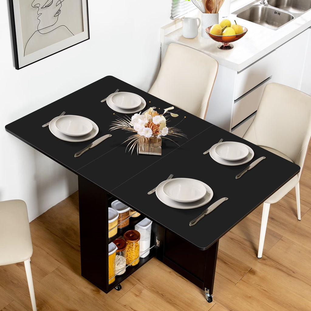 Nouveauté 2026 – Table de salle à manger pliante spanspace , table à abattants avec 6 roulettes et étagère de rangement à 2 niveaux, table gain de place pour petits espaces, table de cuisine pliante, blanche