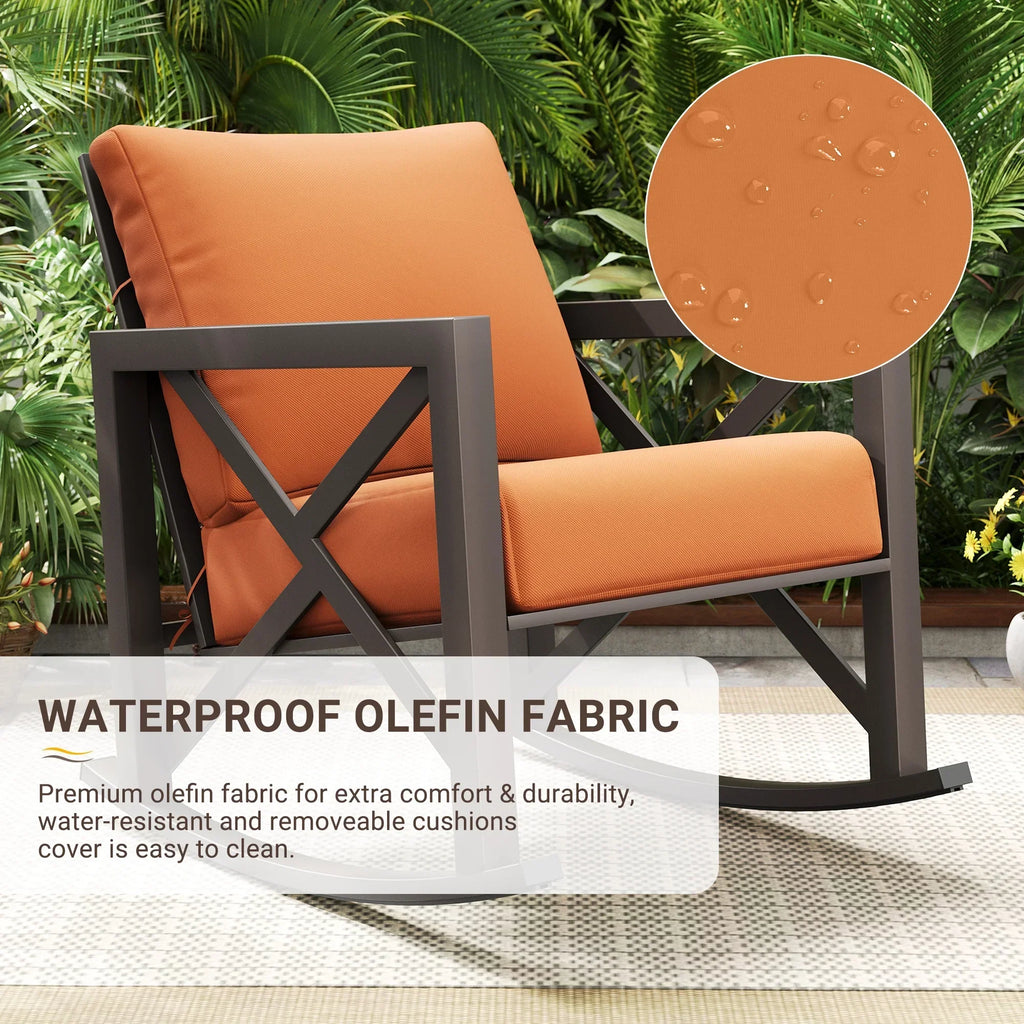 Nouveauté 2026 – Ensemble bistro MRUAKA , 3 pièces, comprenant 2 fauteuils à bascule et 1 table basse en métal avec coussins épais, idéal pour véranda, jardin ou bord de piscine, couleur beige