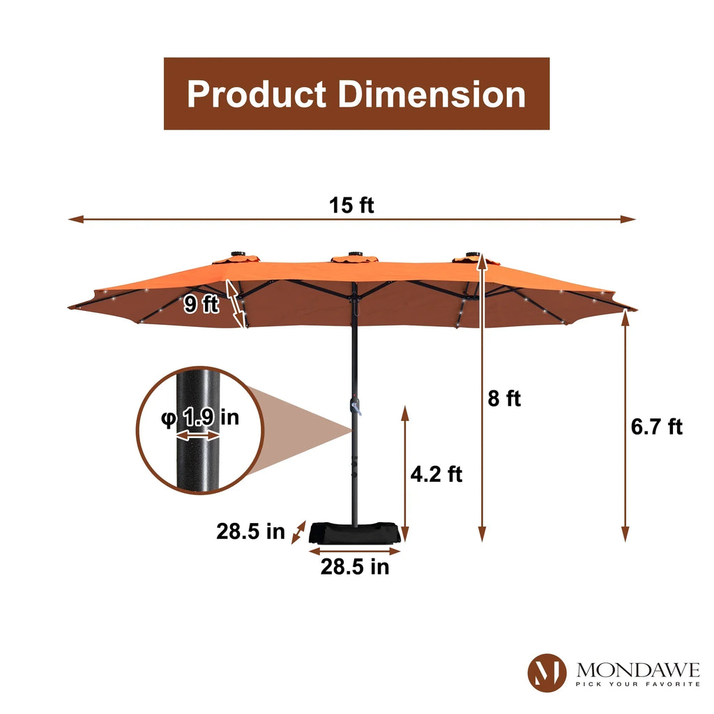 Nouveauté 2026 – Parasol rectangulaire Mondawe 4,57 m (15 pi) avec base et éclairage LED beige
