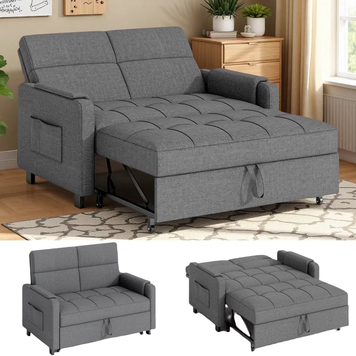 Nouveauté 2026 – Canapé-lit convertible 3 en 1 Lofka avec rangement, dossier réglable et fonction gigogne - Fauteuil-lit idéal pour les petits espaces et les appartements, gris foncé