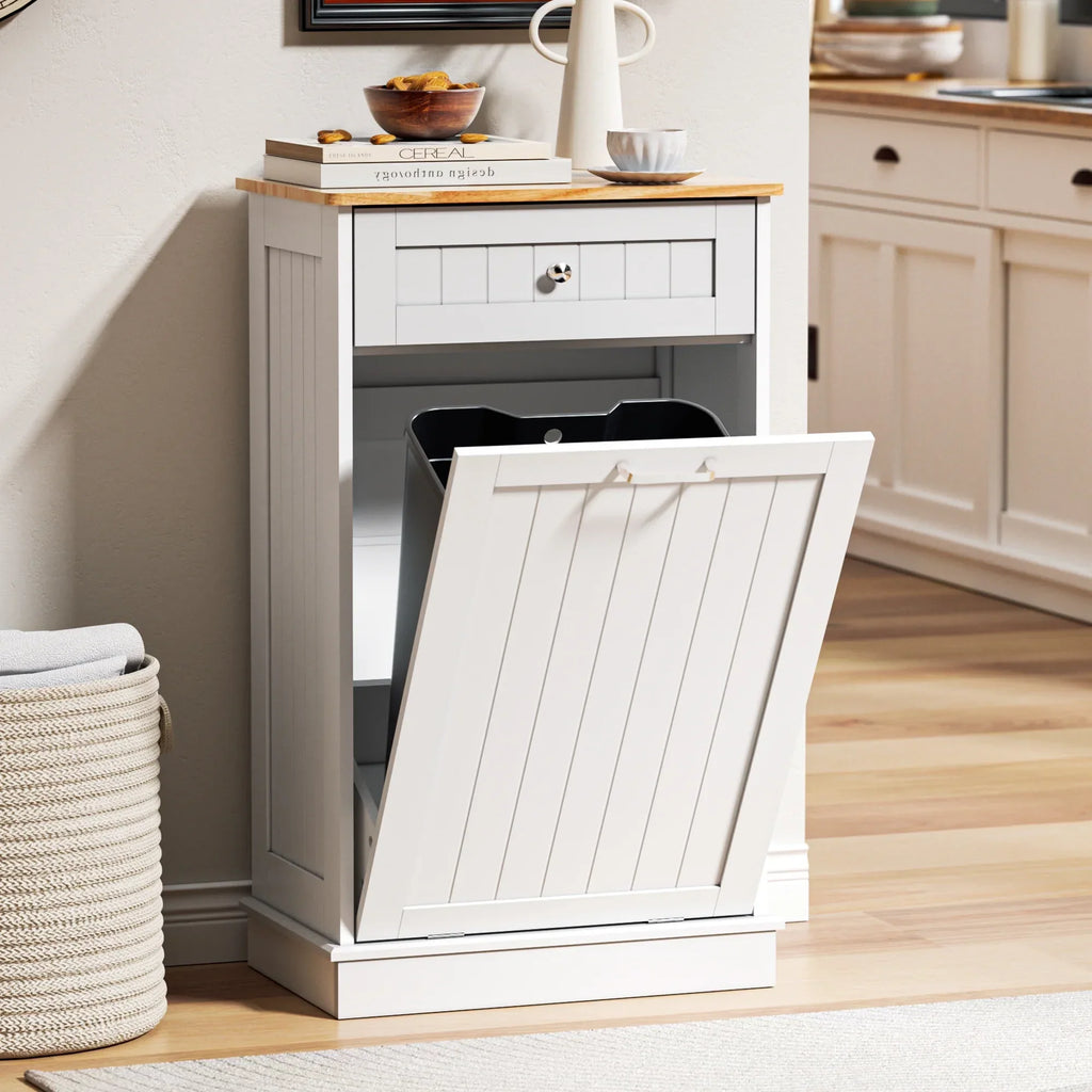 Nouveauté 2026 – Meuble poubelle basculant HARIPUL pour bac à déchets de 49 litres (13 gallons), meuble poubelle de cuisine autoportant avec tiroirs, blanc