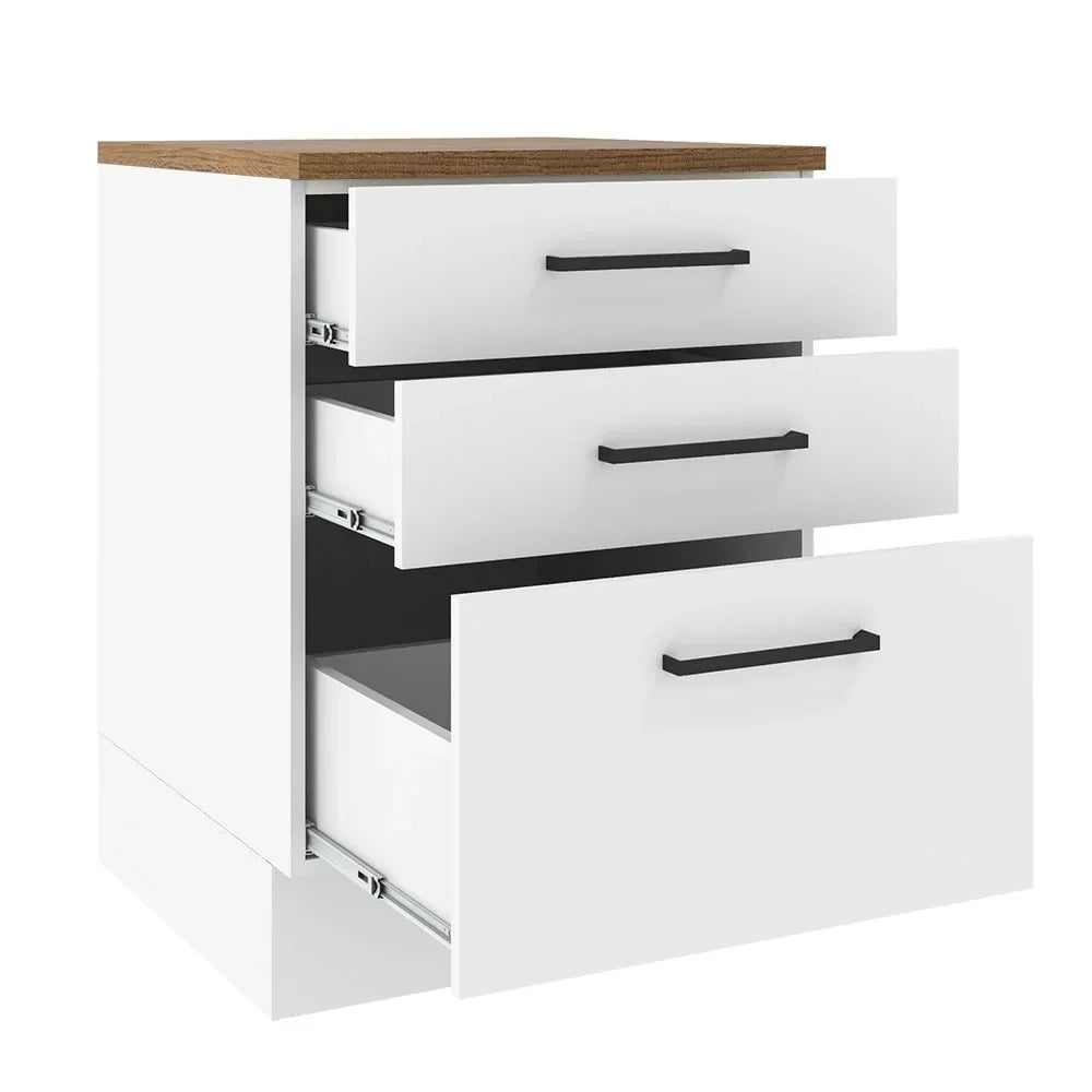 Nouveauté 2026 – Meuble bas de rangement de cuisine Madesa Hazel avec 3 tiroirs, largeur 58,4 cm (23 po), en bois d'ingénierie peint, à poser au sol, socle amovible - Blanc