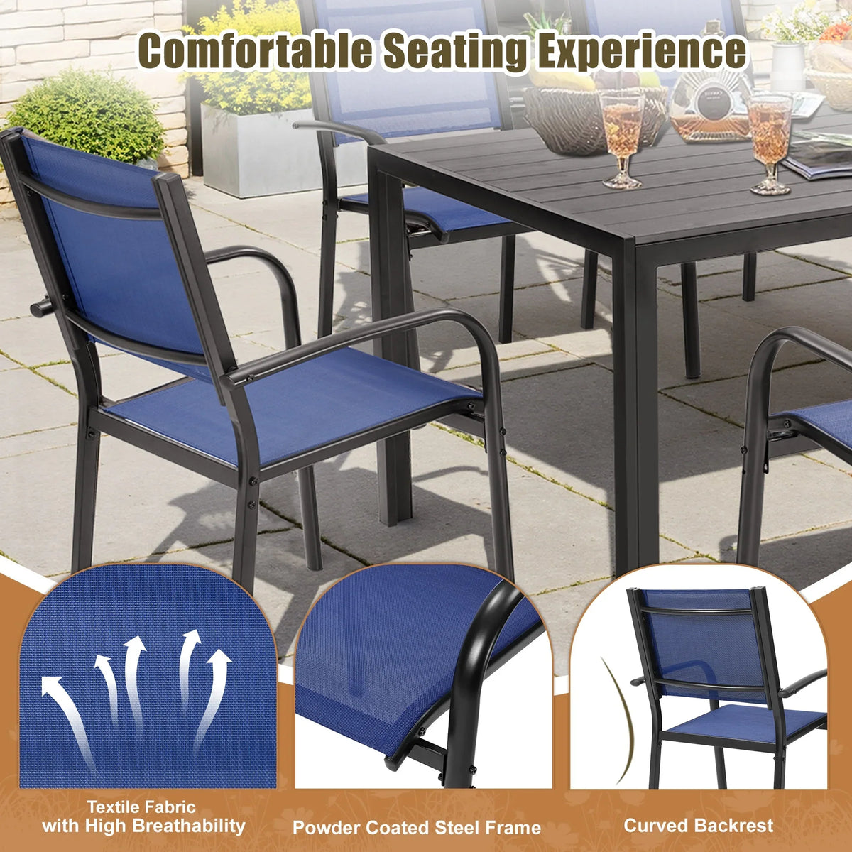 Nouveauté 2026 – Ensemble de salle à manger d'extérieur 7 pièces , comprenant une table et des chaises pour 6 personnes, un plateau en plastique imitation bois et un mobilier de jardin en textilène. Idéal pour terrasse ou patio