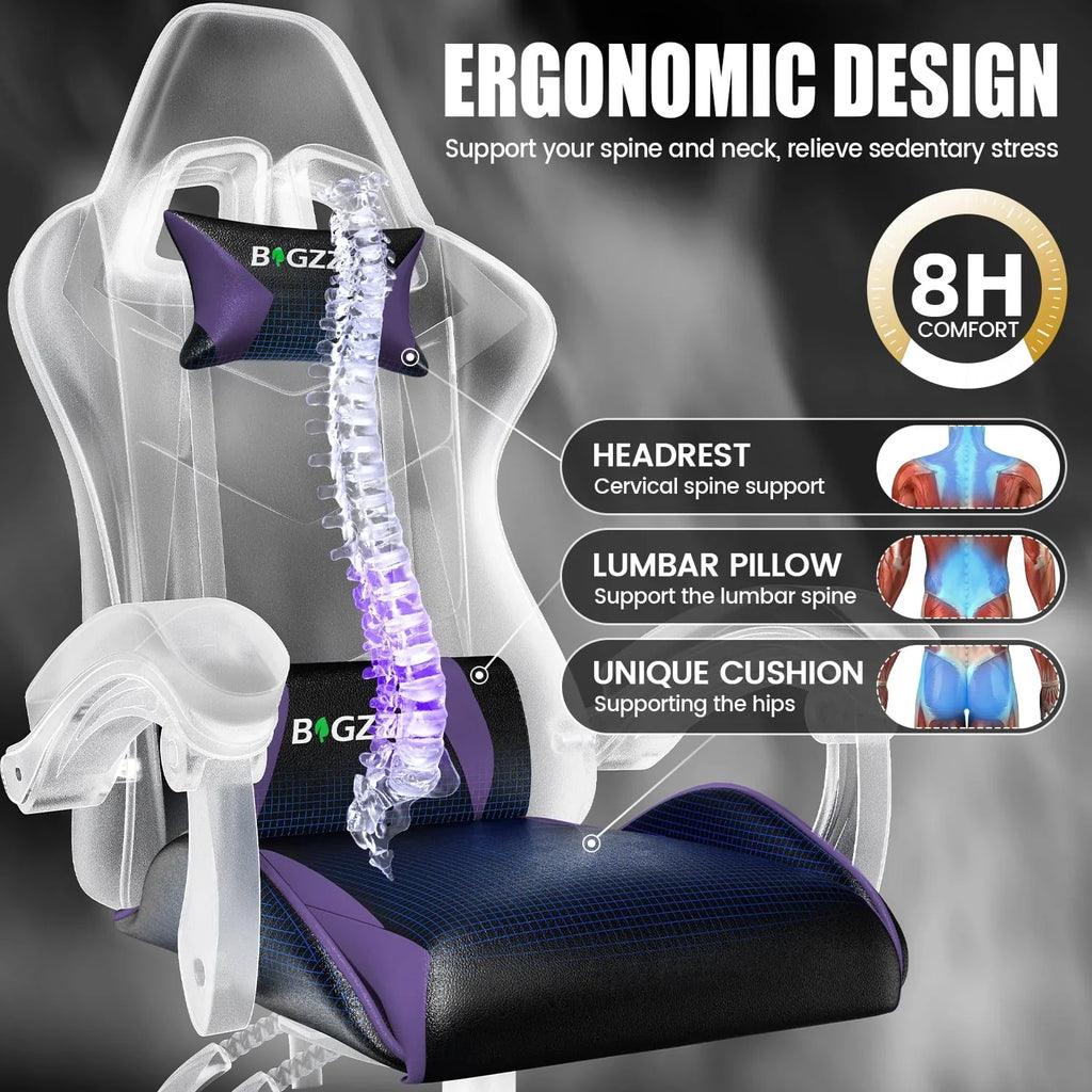 Nouveauté 2026 – Chaise de jeu Bigzzia , chaise de bureau ergonomique avec appui-tête et soutien lombaire réglables en hauteur, pour adultes et adolescents, noir et blanc