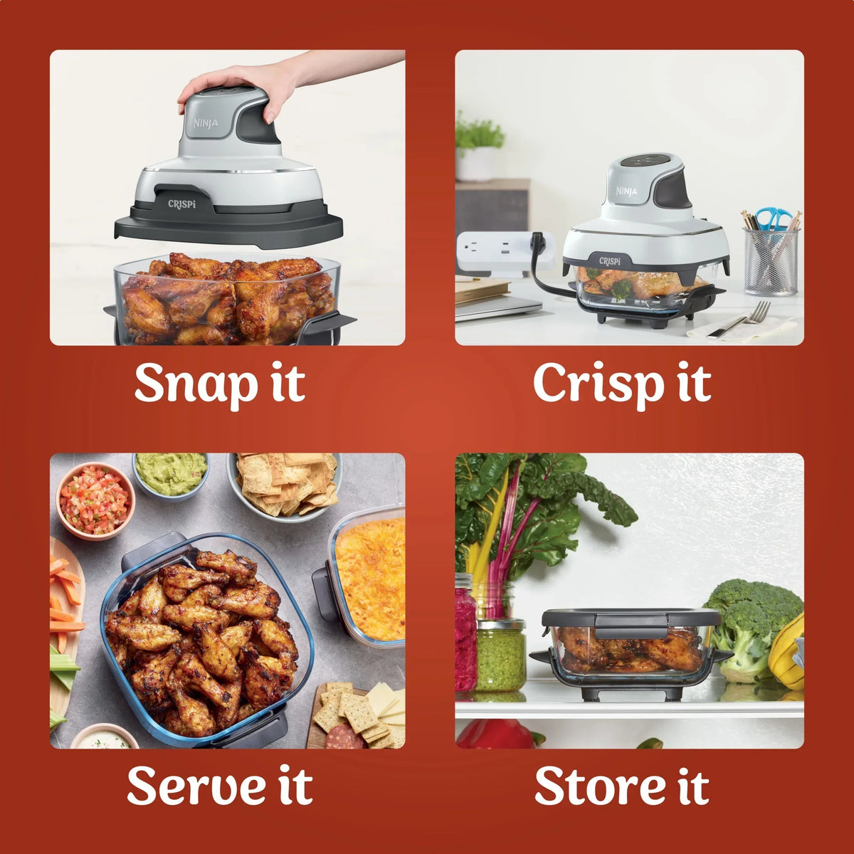 Nouveauté 2026 – Friteuse à air portable 3-en-1 Ninja Crispi , 1500 W, récipients en verre TempWare de 4 L et 5 tasses avec couvercles de conservation, compatible micro-ondes, congélateur et lave-vaisselle, blanc, FN100WH