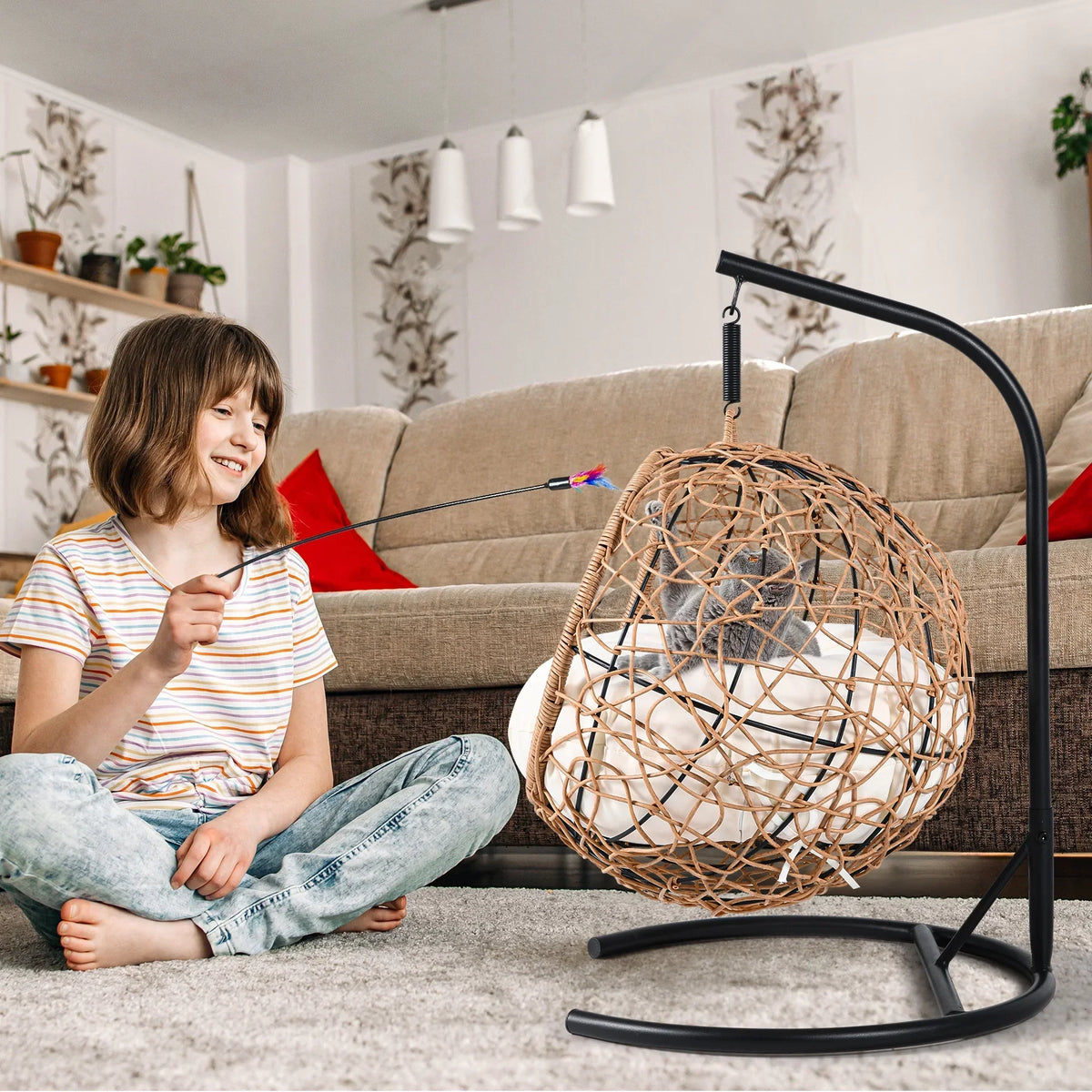 Nouveauté 2026 – Lit surélevé pour chat d'intérieur Dextrus avec coussin amovible, marron uni