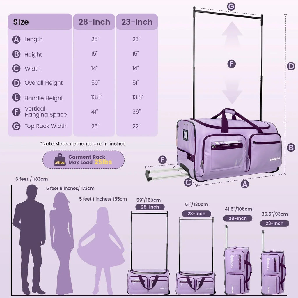 Nouveauté 2026 – Sac de danse Fegat avec portant - Sac de danse pliable à roulettes de 71 cm (28 pouces) pour compétitions, danse, spectacles, streamers et athlètes. Valise légère à roulettes