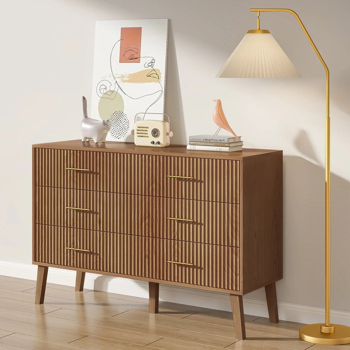 Nouveauté 2026 – Commode à 6 tiroirs Fluted , commode moderne large, commode double à 6 tiroirs