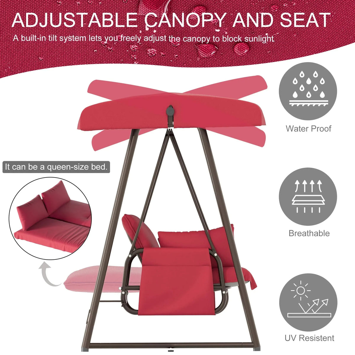 Nouveauté 2026 – Balancelle d'extérieur surdimensionnée 4 places TQKVIPI avec dossier réglable et auvent, convertible en lit suspendu 2 en 1 (capacité de 363 kg), avec coussins amovibles, idéale pour jardin, terrasse, piscine ou balcon