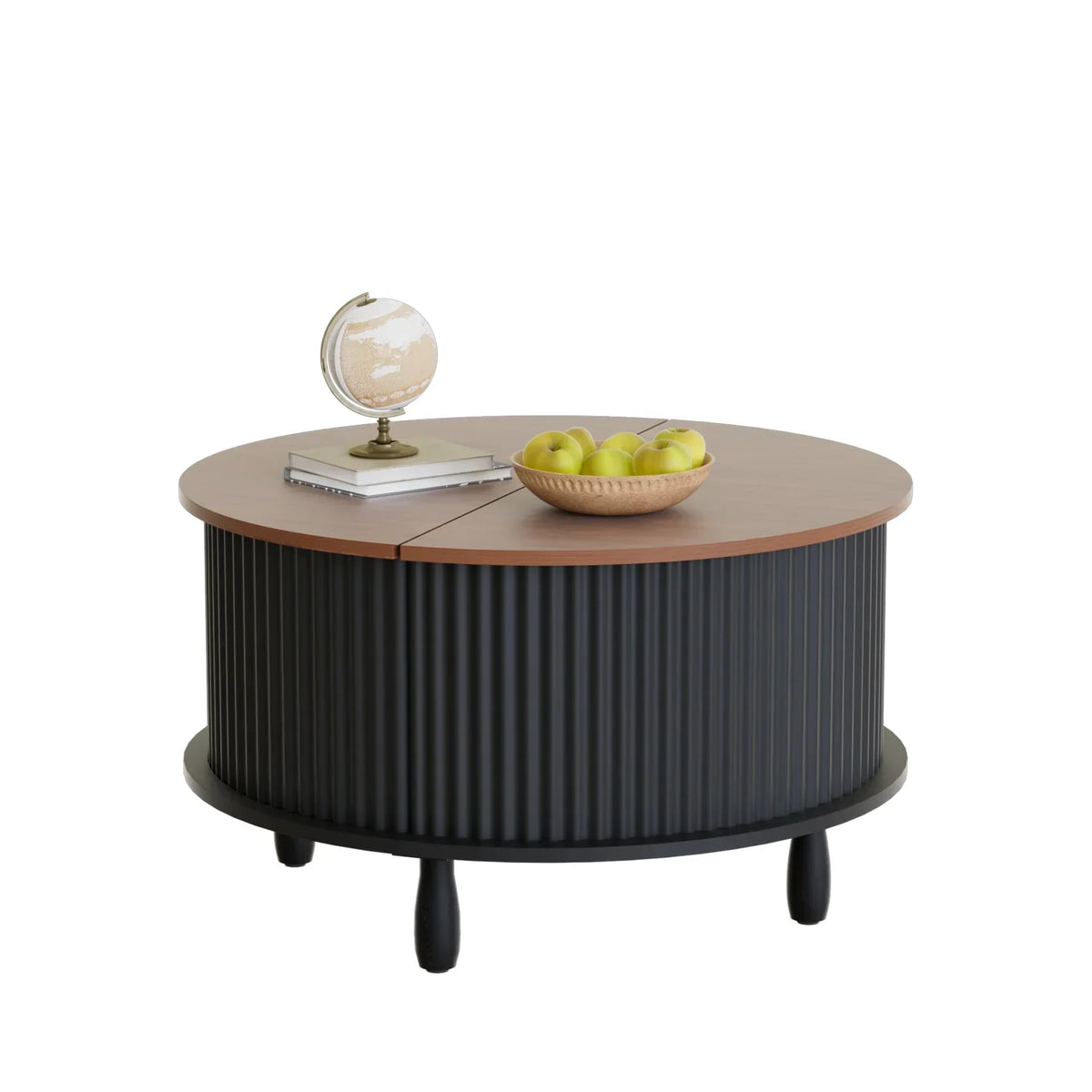 Nouveauté 2026 – Table basse ronde RUMLIVE avec rangement, table basse moderne de 78 cm avec porte coulissante incurvée à 360°, table basse en bois cannelé avec patins, table centrale ronde pour salon, noire
