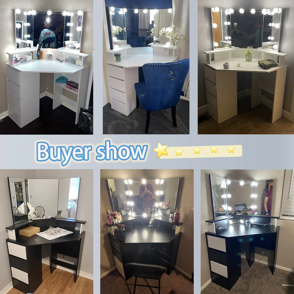 Nouveauté 2026 – Coiffeuse d'angle en placage bois blanc avec miroir et lumière, table de maquillage avec 4 tiroirs et station de recharge pour chambre à coucher
