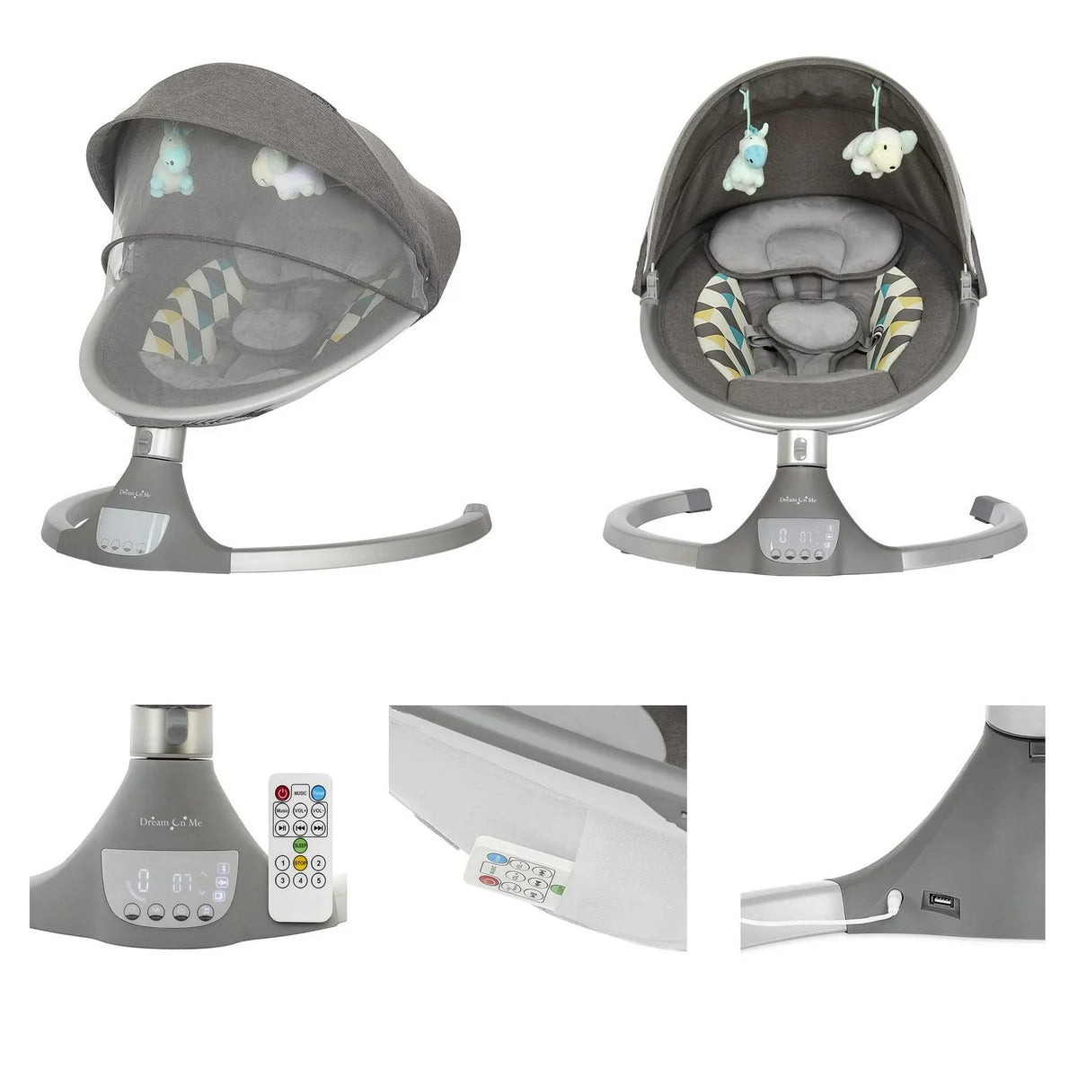 Nouveauté 2026 – Balancelle pour bébé Dream On Me Zazu . Balancelle pour nourrisson. 5 vitesses de balancement. Deux jouets intégrés. Connectivité Bluetooth et télécommande. Gris et bleu
