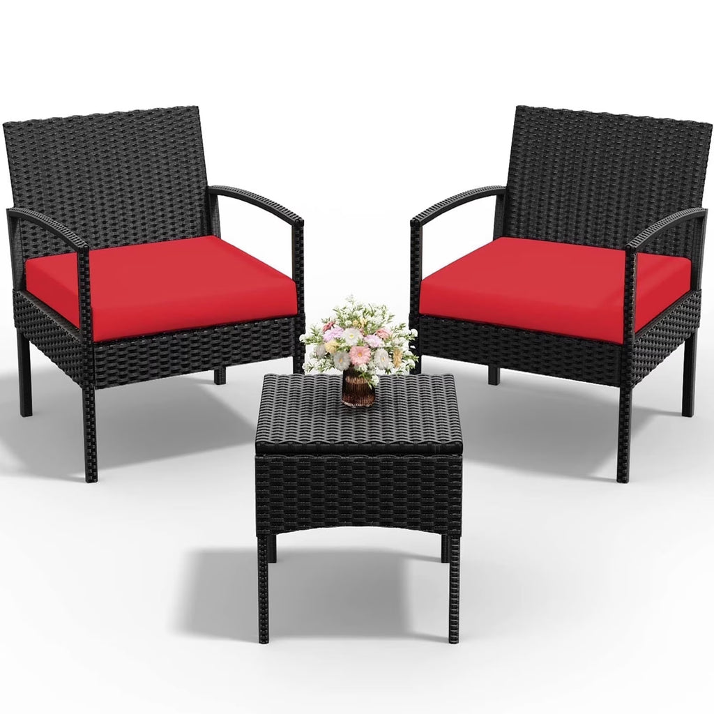 Nouveauté 2026 – Ensemble de mobilier de jardin Tappio , 3 pièces, style bistro, comprenant des chaises de conversation en rotin, une table d'appoint et des coussins. Idéal pour balcon, jardin ou terrasse. Couleur : rouge