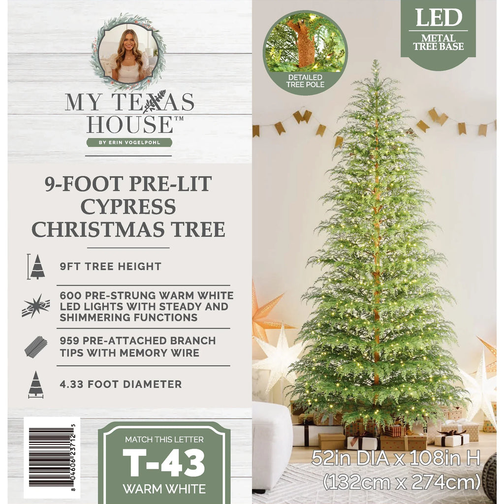 Nouveauté 2026 – Sapin de Noël artificiel 9' en cyprès vert pré-illuminé, , avec 600 lumières LED blanc chaud scintillantes, par My Texas House