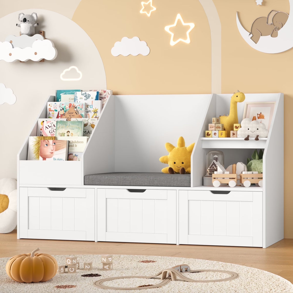 Nouveauté 2026 – Bibliothèque pour enfants Homfa avec coin lecture et 3 tiroirs amovibles, bibliothèque à 2 cubes avec étagères à livres à 4 niveaux, rangement pour jouets et jouets, idéale pour la chambre ou la salle de jeux, blanche
