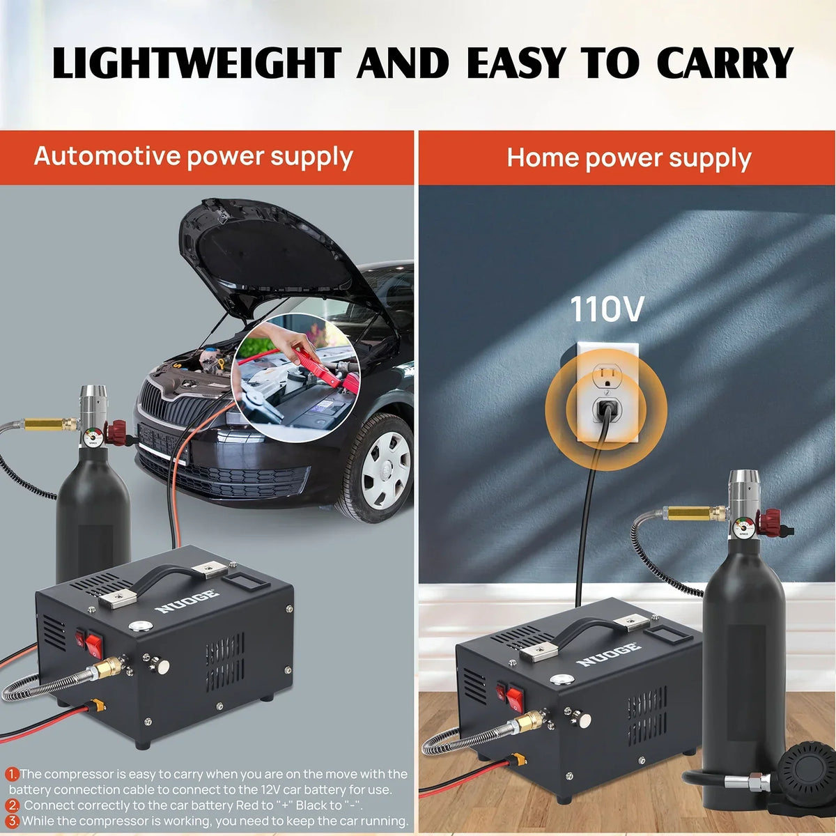 Nouveauté 2026 – Compresseur d'air NUOGE PCP , 4500 psi, 12 V CC ou 110 V CA avec convertisseur, pour bouteilles de paintball/plongée