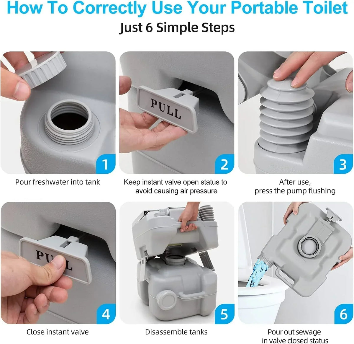 Nouveauté 2026 – Toilettes portables Dextrus , 5,3 gallons (20 litres), avec réservoir amovible, double bec verseur, pompe de chasse d'eau, idéales pour le camping, la navigation de plaisance, la randonnée et les voyages. Coloris : blanc et gris
