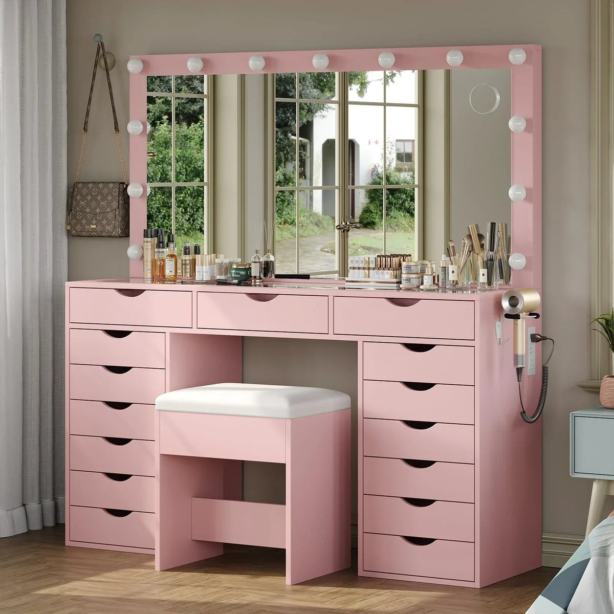 Nouveauté 2026 – Coiffeuse Yanosaku à 15 tiroirs avec prise électrique, miroir et 13 lumières LED, 3 modes d'éclairage de couleur, luminosité réglable, plateau en verre, ensemble coiffeuse pour chambre à coucher