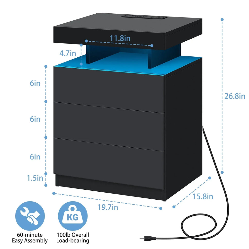 Nouveauté 2026 – Table de chevet LED Hommpa avec station de charge sans fil, ports USB Type-C, 3 tiroirs, finition laquée noire, style moderne et élégant, hauteur 68 cm (26,8 pouces). Idéale pour la chambre à coucher