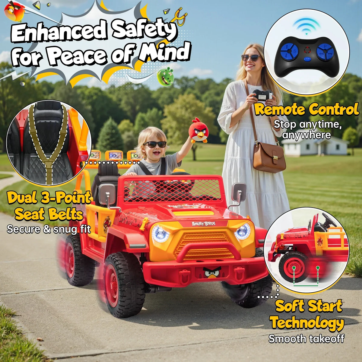 Nouveauté 2026 – Joyracer , véhicule électrique 24 volts pour enfants de 3 à 8 ans, sous licence Angry Birds, avec télécommande, pelle, Bluetooth, phares et roues motorisées. Convient aux enfants jusqu'à 60 kg (130 lbs). Couleur verte