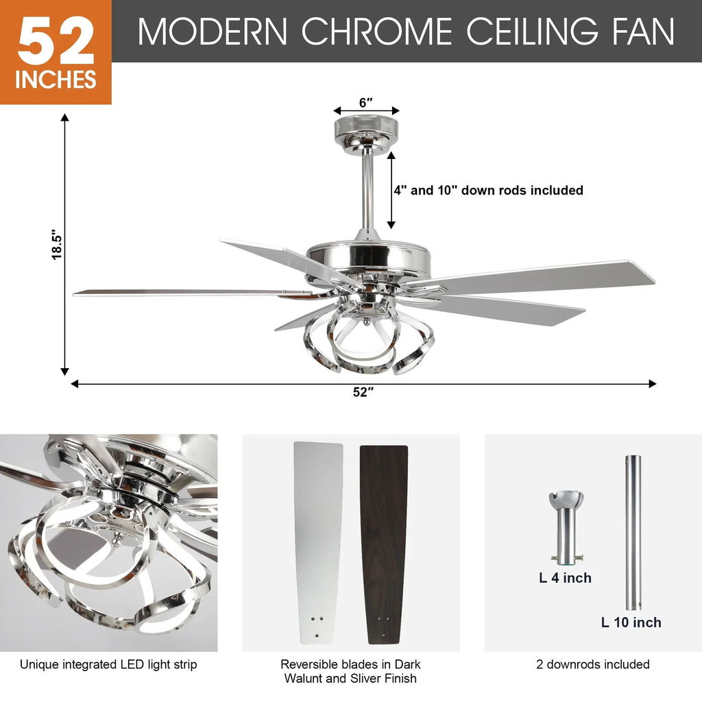 Nouveauté 2026 – Ventilateur de plafond contemporain chromé Parrot Uncle 52 pouces (132 cm) avec éclairage LED intégré et télécommande
