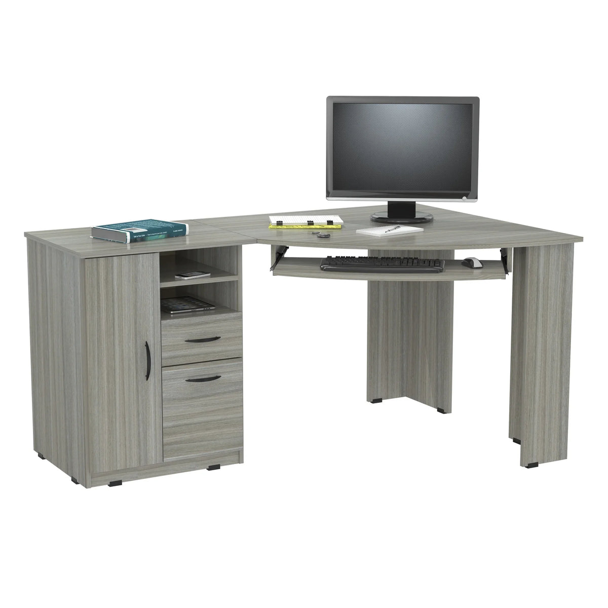 Nouveauté 2026 – Bureau d'angle moderne Inval avec 2 tiroirs et un placard, chêne blanchi
