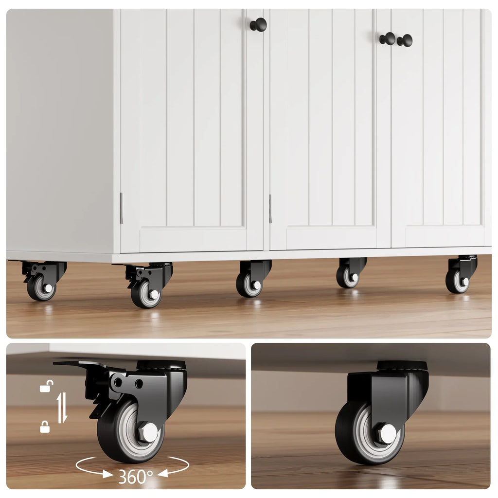 Nouveauté 2026 – Îlot de cuisine mobile Lofka avec rangements, plateau en bois massif, tiroirs, étagère à épices et porte-serviettes - Poste de travail mobile idéal pour les petites cuisines et salles à manger, blanc