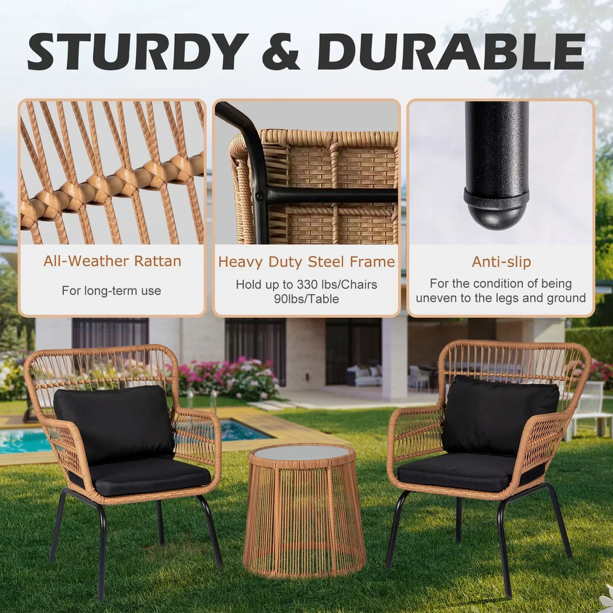 Nouveauté 2026 – Ensemble bistro de conversation 3 pièces Tappio pour patio, mobilier de jardin en rotin, table basse en verre et coussins, jaune/beige, idéal pour le jardin, le balcon, la terrasse ou la piscine