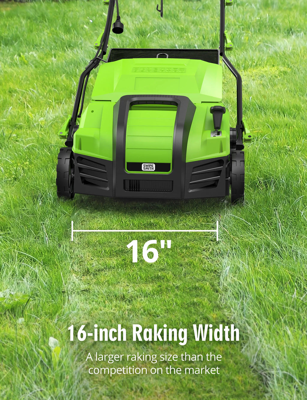 Nouveauté 2026 – Scarificateur électrique SWIPESMITH 16" 15 A , avec réglage de profondeur à 5 positions, sac de ramassage de chaume amovible de 14,5 gallons, pliage rapide, préserve la santé de votre pelouse