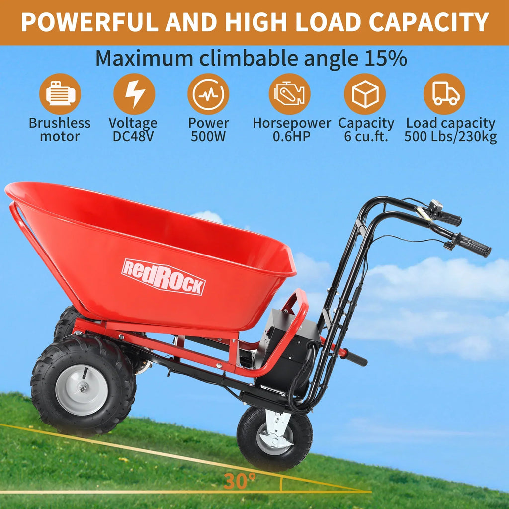 Nouveauté 2026 – Brouette utilitaire électrique RedRock , 48 V, 28 Ah, 500 W, capacité de 230 kg (500 lb), transport de matériaux et de débris, capacité de remorquage de 454 kg (1 000 lb