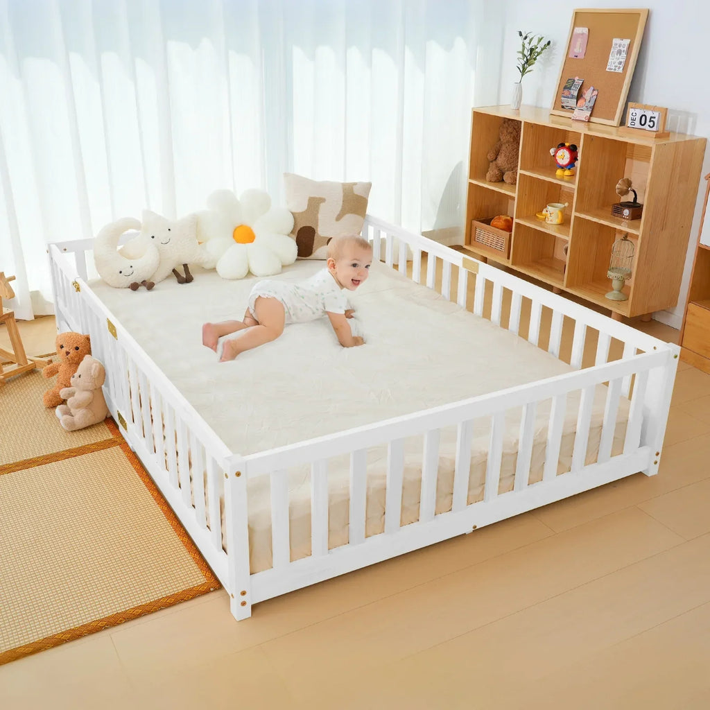 Nouveauté 2026 – Lit de sol Montessori pour tout-petits (taille jumelle), cadre de lit en bois massif avec barrière et porte, pour filles et garçons