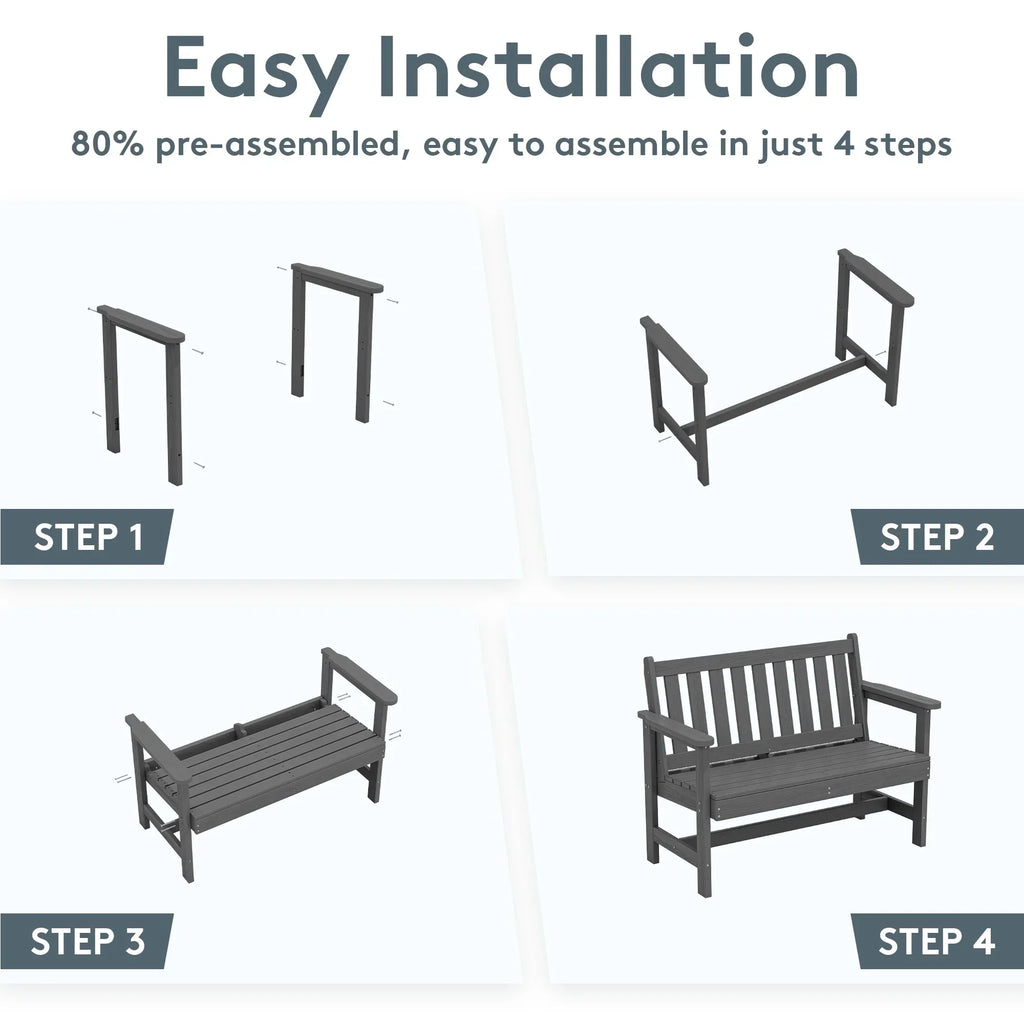 Nouveauté 2026 – Banc d'extérieur SERWALL pour 2 personnes, en PEHD résistant aux intempéries avec renforts en aluminium, supporte jusqu'à 300 kg, confortable pour terrasse, jardin et véranda, noir