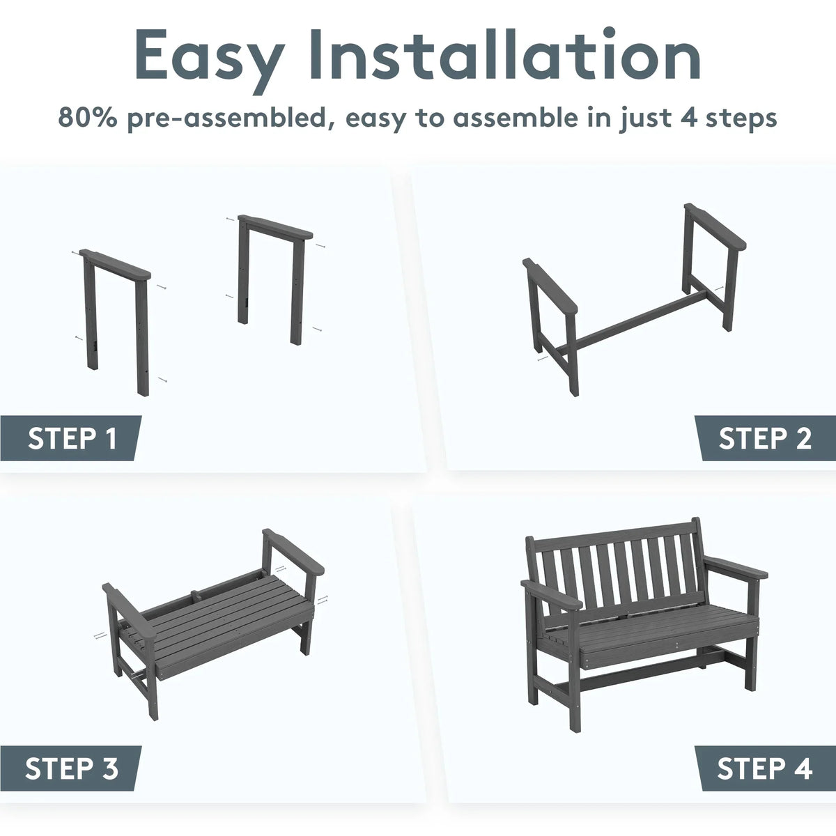 Nouveauté 2026 – Banc d'extérieur SERWALL pour 2 personnes, en PEHD résistant aux intempéries avec renforts en aluminium, supporte jusqu'à 300 kg, confortable pour terrasse, jardin et véranda, noir