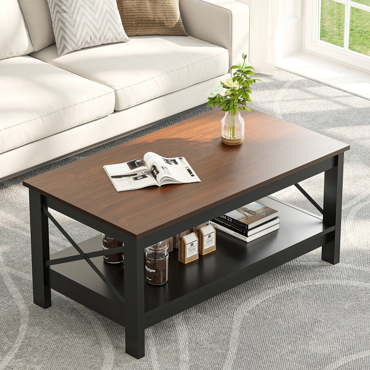 Nouveauté 2026 – Table basse Moasis Farmhouse avec rangement, table centrale à 2 niveaux pour salon, plateau gris délavé et blanc